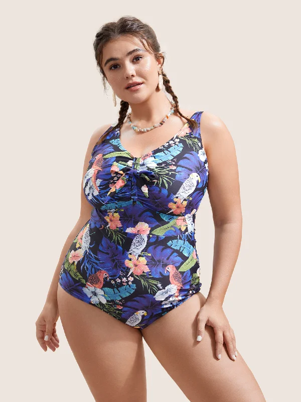 Tropical Print Knotted Tummy Control One Piece Swimsuit