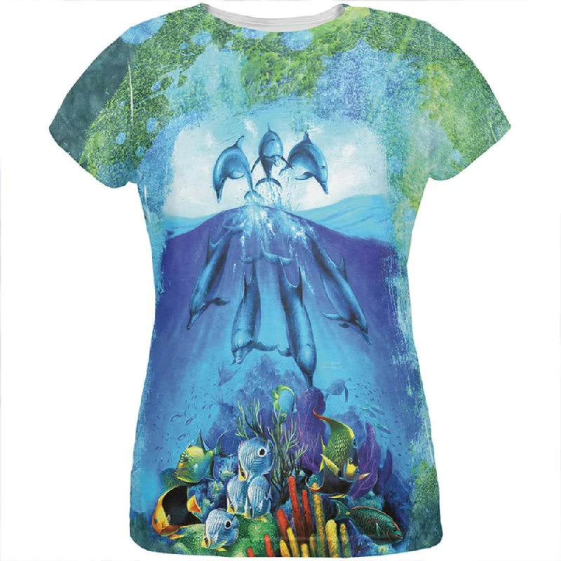 Dolphins Jumping Over Reef All Over Womens T ShirtSheer T-Shirts