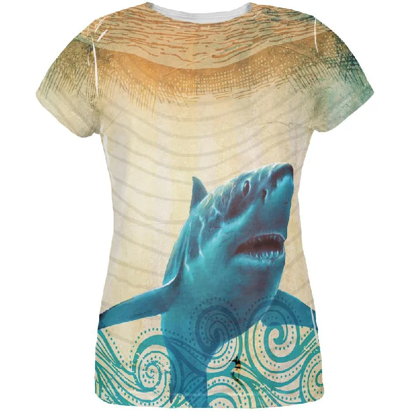 Great White Shark in Waves All Over Womens T ShirtCrewneck T-Shirts