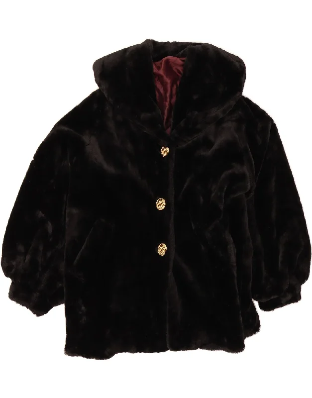 Tasseled OvercoatsVINTAGE Womens Oversized Faux Fur Overcoat UK 14 Medium Black