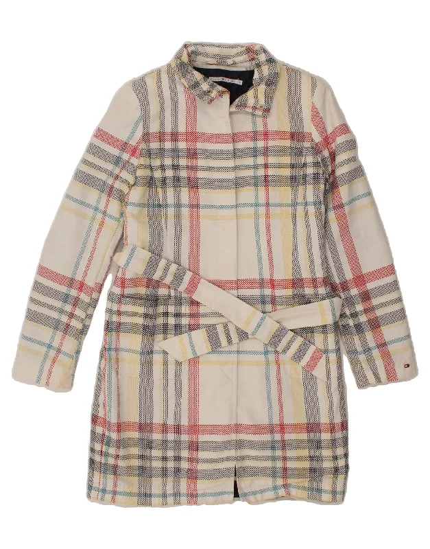 TOMMY HILFIGER Womens Trench Coat UK 10 Small Off White Check Cotton