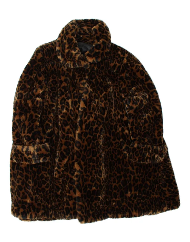 Work OvercoatsVINTAGE Womens Oversized Faux Fur Overcoat UK 10 Small Brown Animal Print