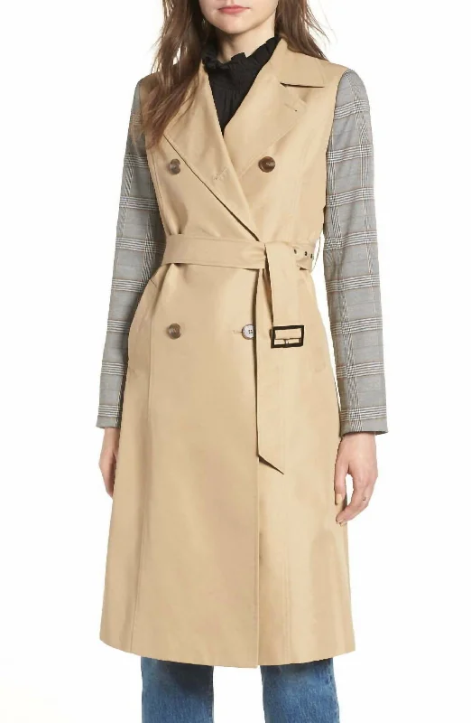 Plaid Sleeve Double Breasted Trench Jacket In Khaki