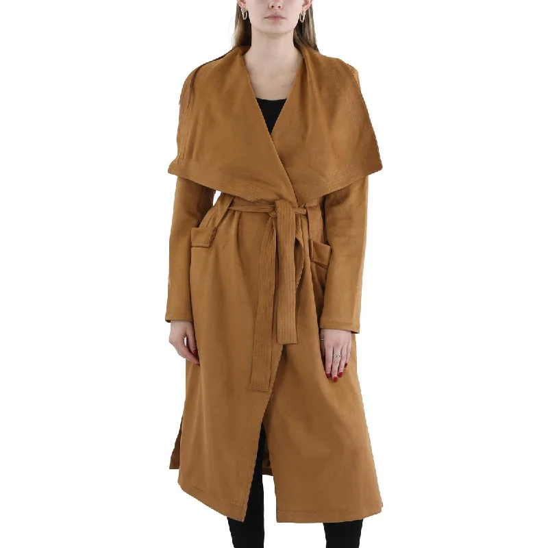 Hudson Womens Collar Faux Suede Trench Coat