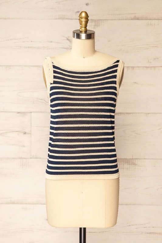 Knitted TexturedGwanju Navy | Striped Boat Neck Knit Top