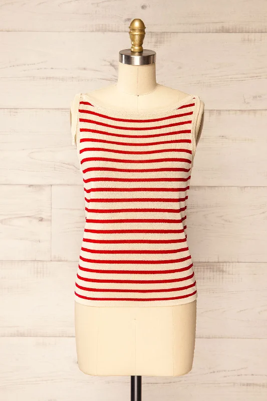 Knit SolidGwanju Red | Striped Boat Neck Knit Top