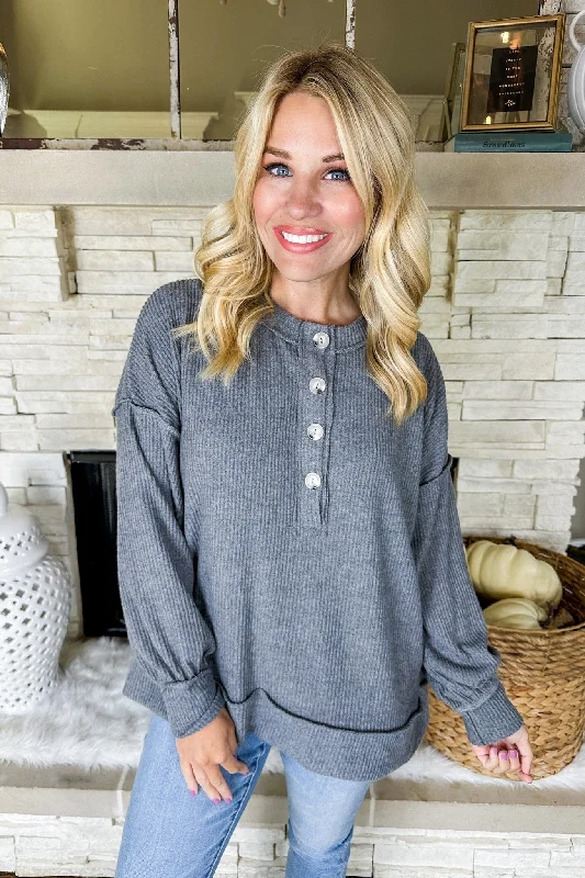 Short down jacketThe Zoey Soft Half Button Down Ribbed Top in Charcoal