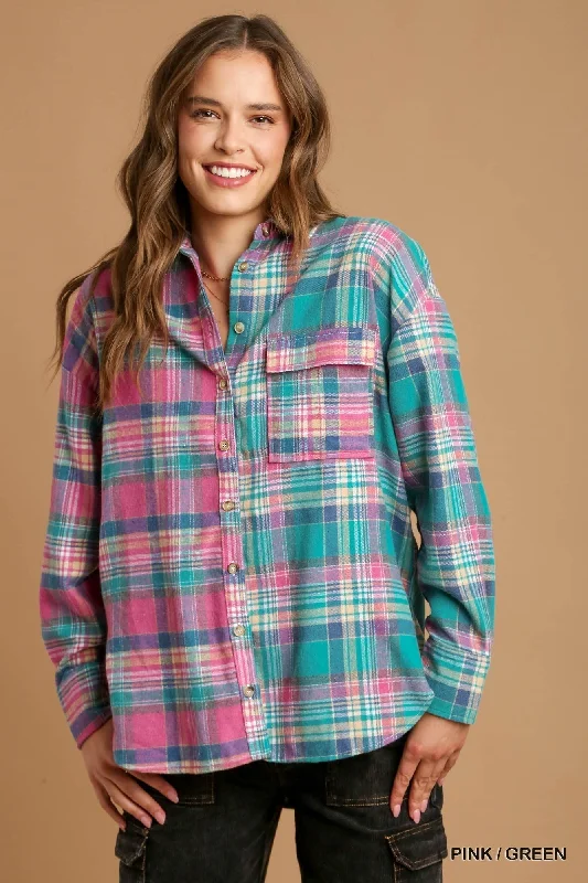 Down cycling suitMixed Plaid Boxy Cut Button Down Flannel With Front Pocket