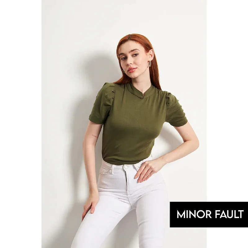 Knitted Oversized(Minor Fault) Olive Puff Sleeves Knit Top