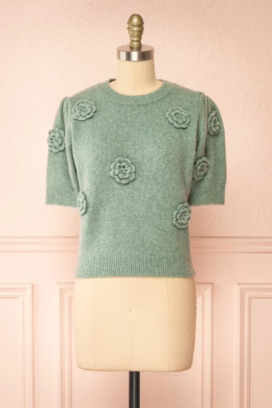 Knitted CableZuniki Sage | Knit Top w/ Crochet Flowers