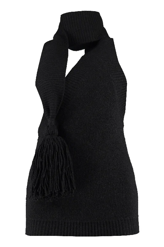 Knitted LooseBOTTEGA VENETA FASHION FORWARD: Black One-Shoulder Knit Top with Pussy-Bow Collar and Tassel Detail