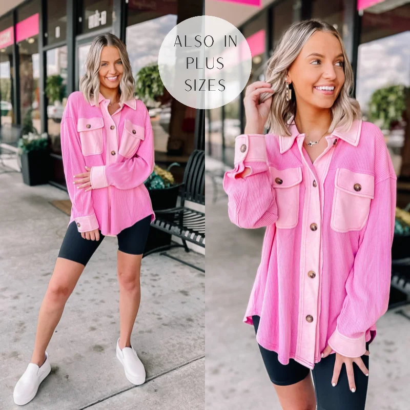 Knit WinterA Place To Unwind Button Up Waffle Knit Shacket in Pink