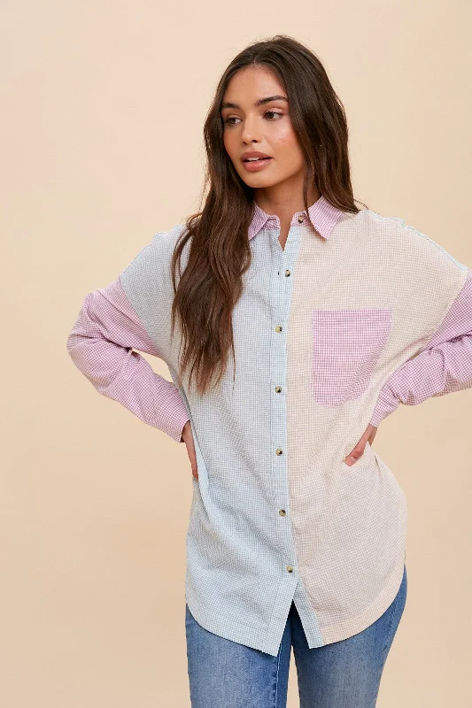 Adjustable cuffsMagenta Colorblock Gingham Button Down Top