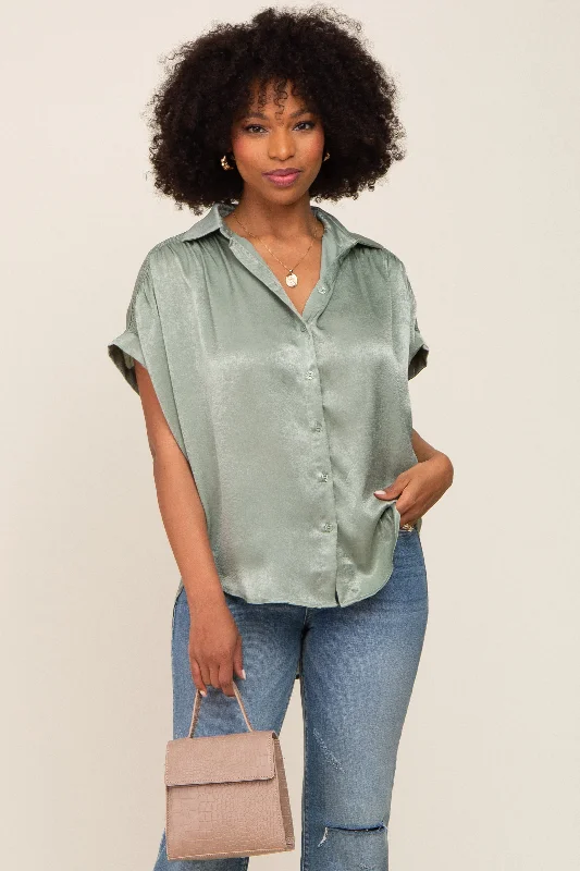 Street down jacketOlive Satin Button Down Smocked Accent Top