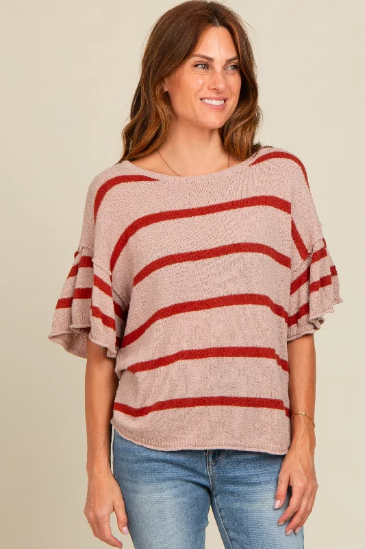 Knitted FineRust Striped Ruffle Sleeve Knit Top