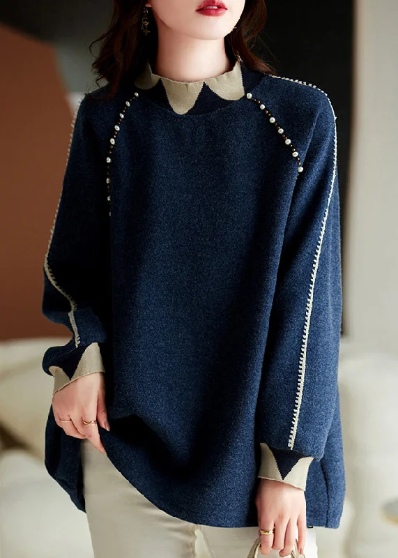 Knitted SpringChic Navy Nail Bead Thick Patchwork Woolen Knitted Tops Winter