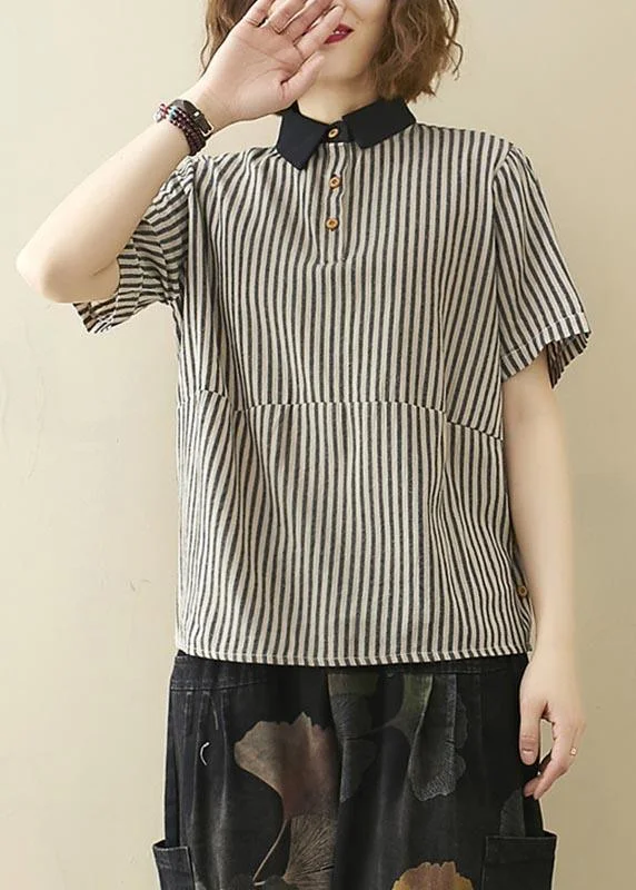 Waterproof performanceFrench Black Striped Turn-down Collar Linen Summer Top