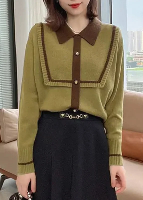 Knitted FallFrench Green Peter Pan Collar Patchwork Women Knitted Tops Fall