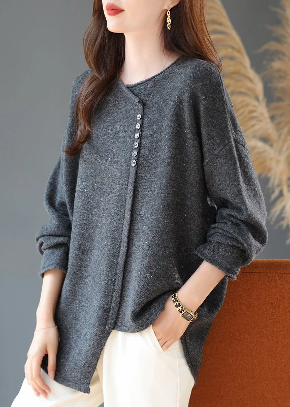 Knit TeeHandmade Grey Asymmetrical Patchwork Wool Knitted Tops Winter