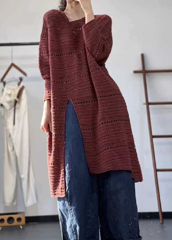 Knitted HoodedLoose Red Hollow Out Side Open Knit Long Top Fall