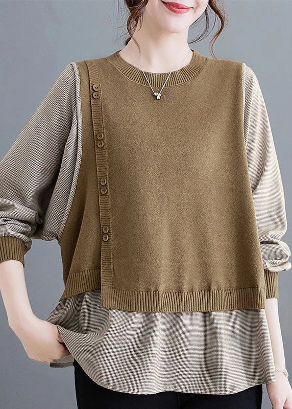 Knit FormalModern Camel O-Neck Knit Patchwork Top Fall