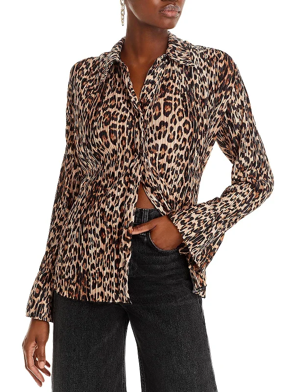 Double-layer structureWomens Plisse Animal Print Button-Down Top