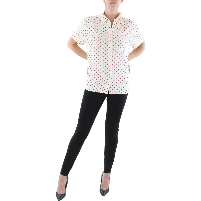 Removable fur collarWomens Polka Dot Point-Collar Button-Down Top