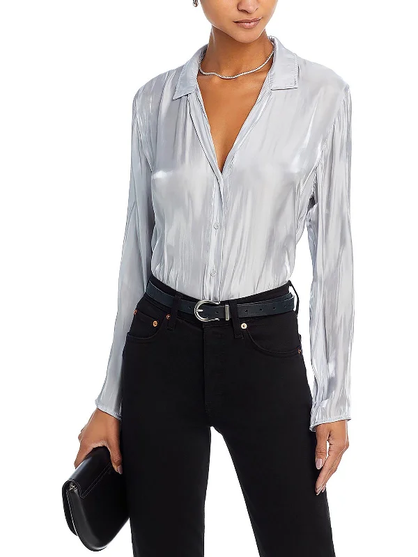 Business down jacketWomens Shimmer Collared Button-Down Top