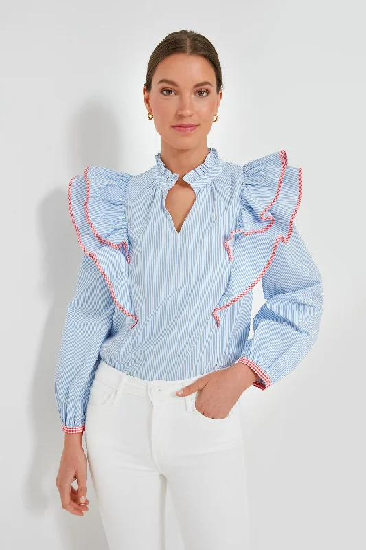 Blue Stripe Gingham Ruffle Holly BlouseGlitter Shirts