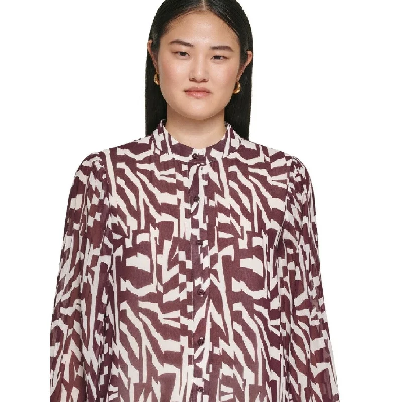 Calvin Klein Women's Printed Pleat Sleeve Button Front Blouse Purple Size X-LargeBamboo Shirts