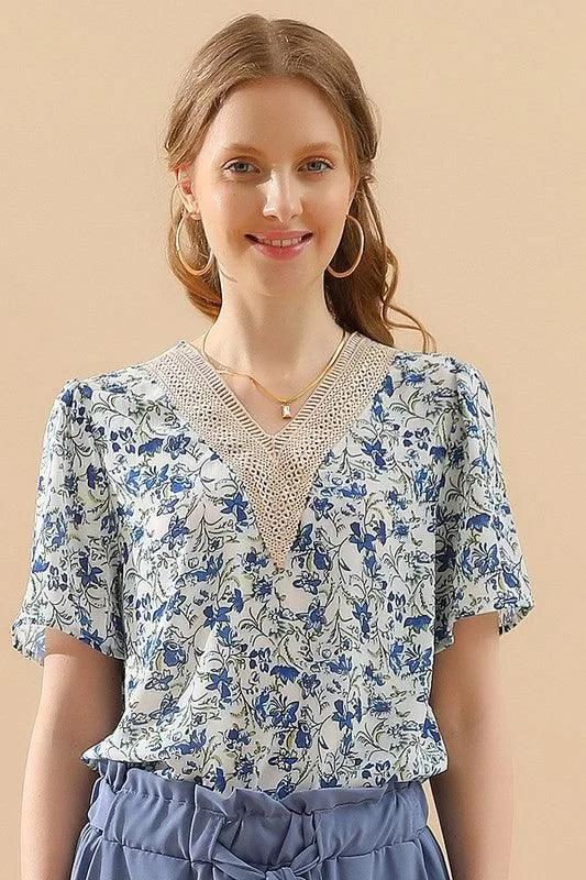 FLORAL V LACE POINT NECK CHIFFON BLOUSERelaxed Fit Shirts