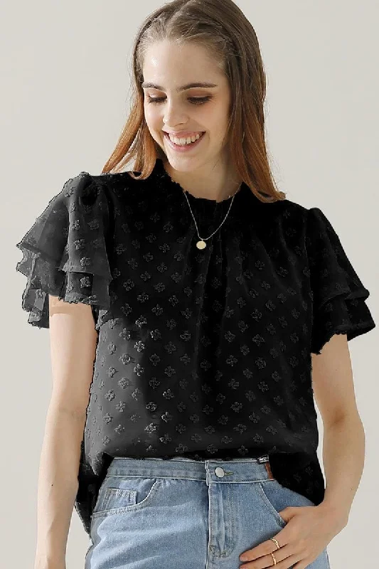 RUFFLED ROUND NECK JACQUARD WEAVE CHIFFON BLOUSEFlannel Shirts