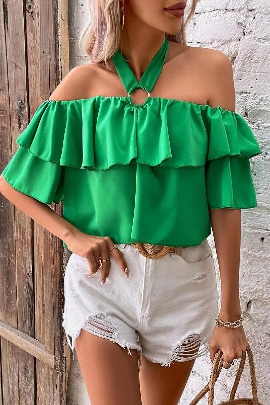 RING HALTER FRILL OFF SHOULDER RUFFLED BLOUSERelaxed Fit Shirts