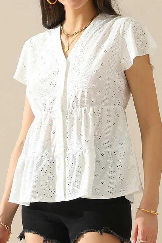 PUNCHING LACE BUTTON UP CANCAN BLOUSETasseled Shirts