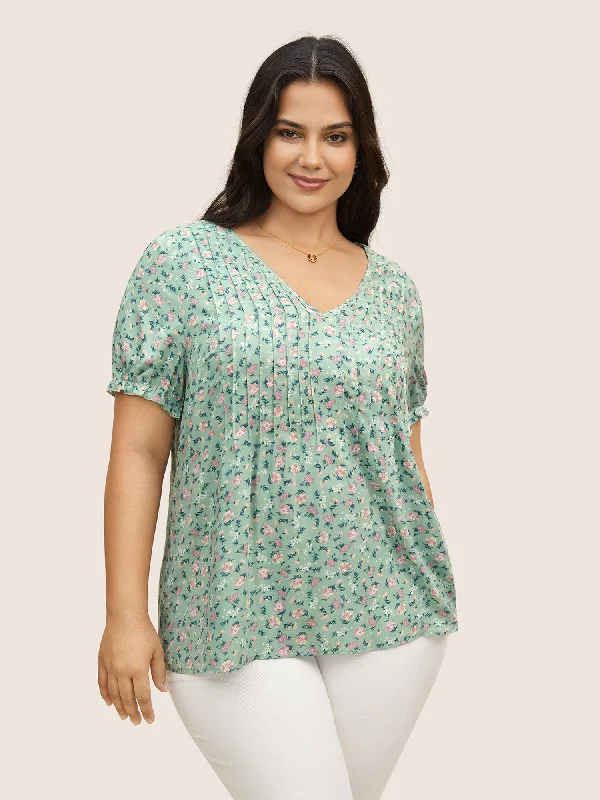 Ditsy Floral Pleated Lantern Sleeve BlouseCycling Shirts