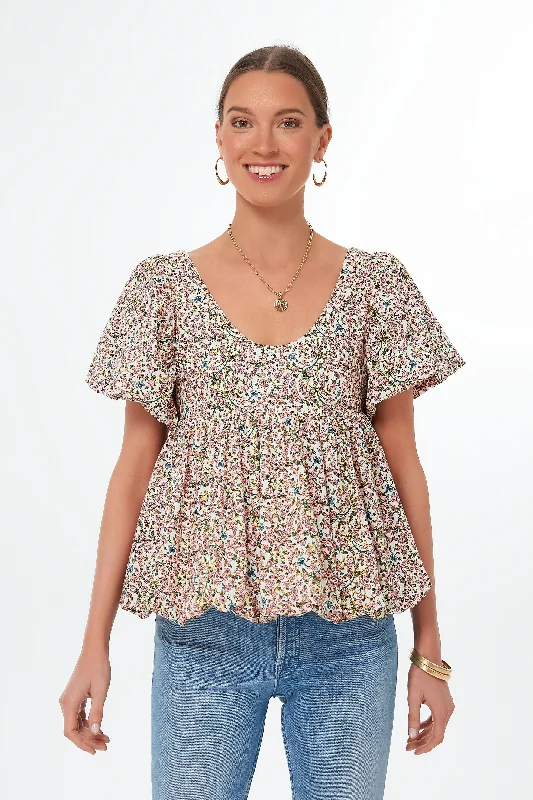 Floral Puff Sleeve Smocked Scoop Neck Virginia BlouseLogo Shirts