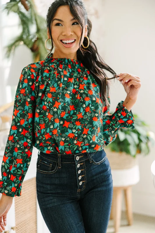 Tried And True Emerald Green Floral Ruffled BlouseRetro Shirts