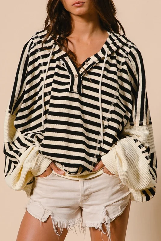 Sheer HoodiesBlack White Striped Waffle Patchwork Baggy Hooded Top