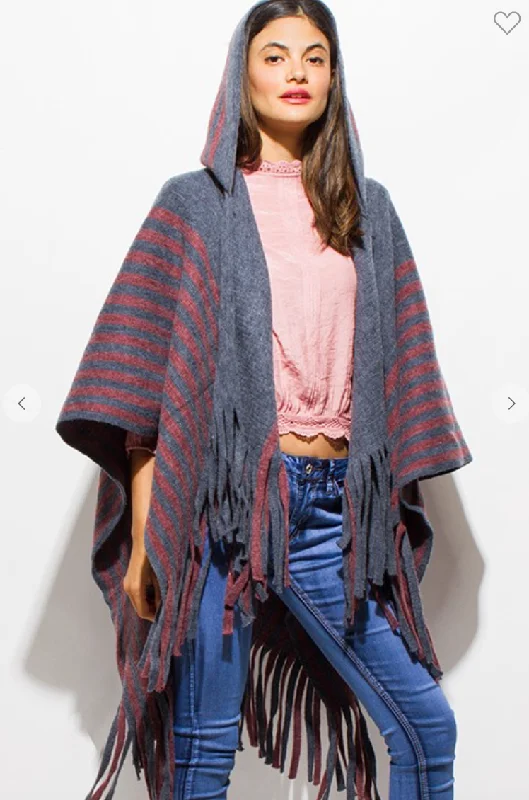 Tie-Dye HoodiesStone Grey/Wine Striped Hooded Fringe Trim Poncho