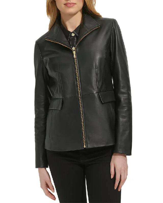 Cole Haan Smooth Leather Wing Collar JacketLayered Jackets