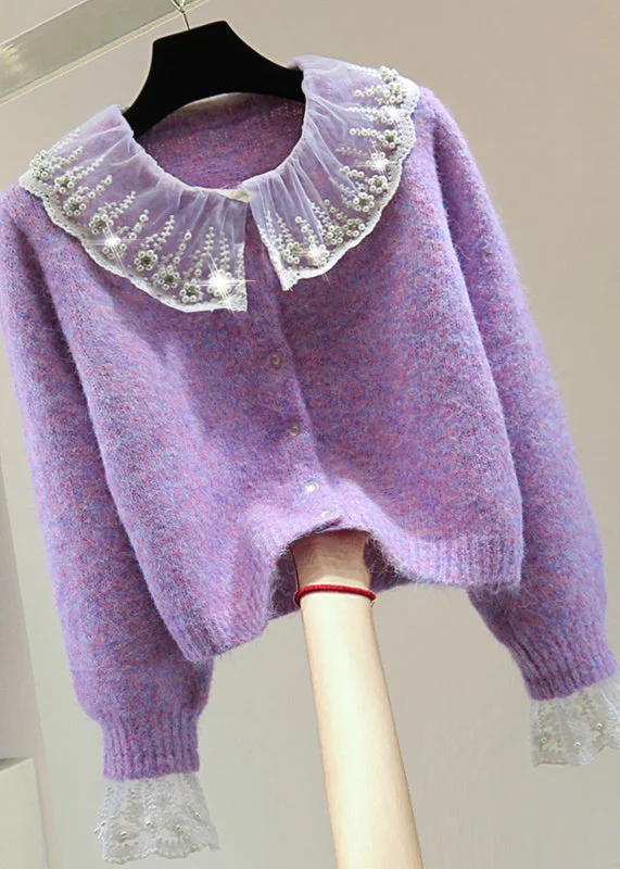 Designer Knit TopsArt Purple Embroidered Patchwork Zircon Thick Cotton Knit Sweater Winter