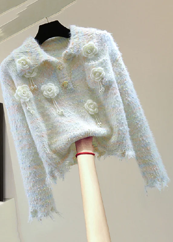 Running Knit TopsBeautiful Light Blue Peter Pan Collar Floral Tassel Thick Cotton Knitted Sweater Winter