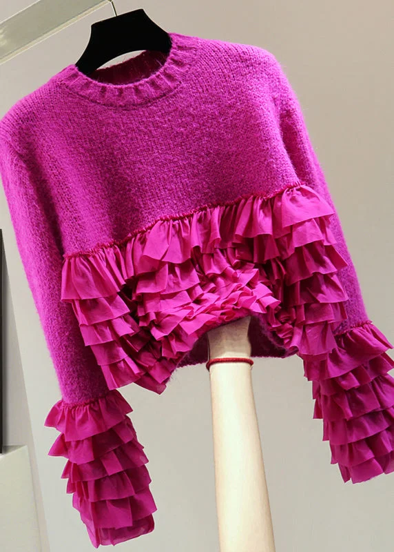 College Knit TopsBoutique Rose Ruffled Patchwork Cotton Knitted Sweater Winter