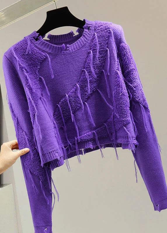 Sports Team Knit TopsCasual Purple O-Neck Ripped Tassel Cotton Knit Sweater Winter