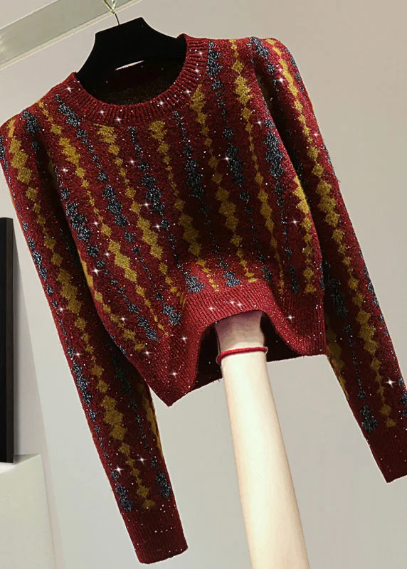 High-Fashion Knit TopsClassy Red Striped Sequins Cotton Knit Sweater Puff Sleeve