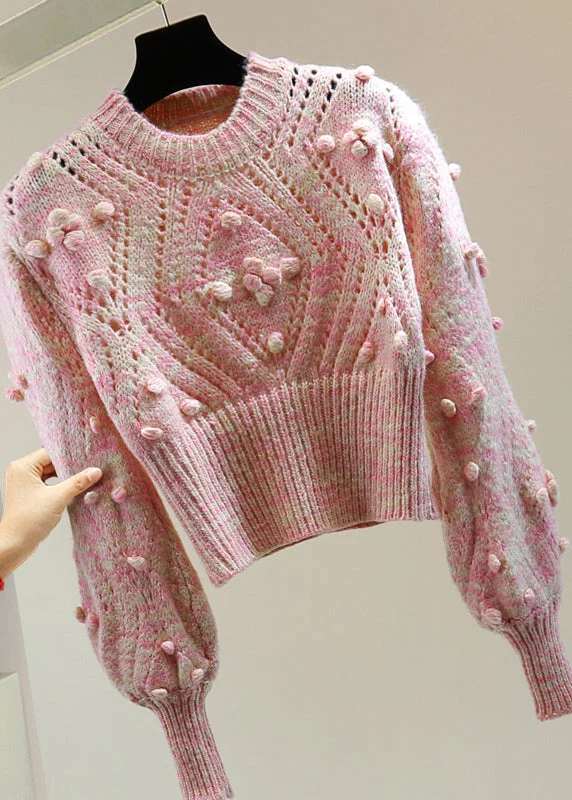 Skateboard Knit TopsCute Pink Embroidered Hollow Out Floral Cotton Knit Sweater Winter