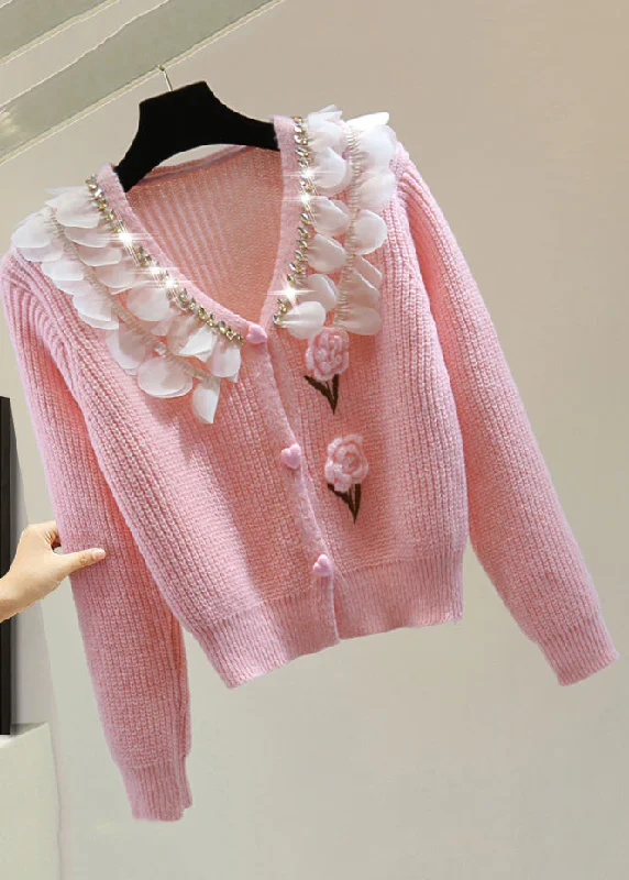 Ribbed Cuff Knit TopsCute Pink Zippered Patchwork Floral Cotton Knit Sweater Winter