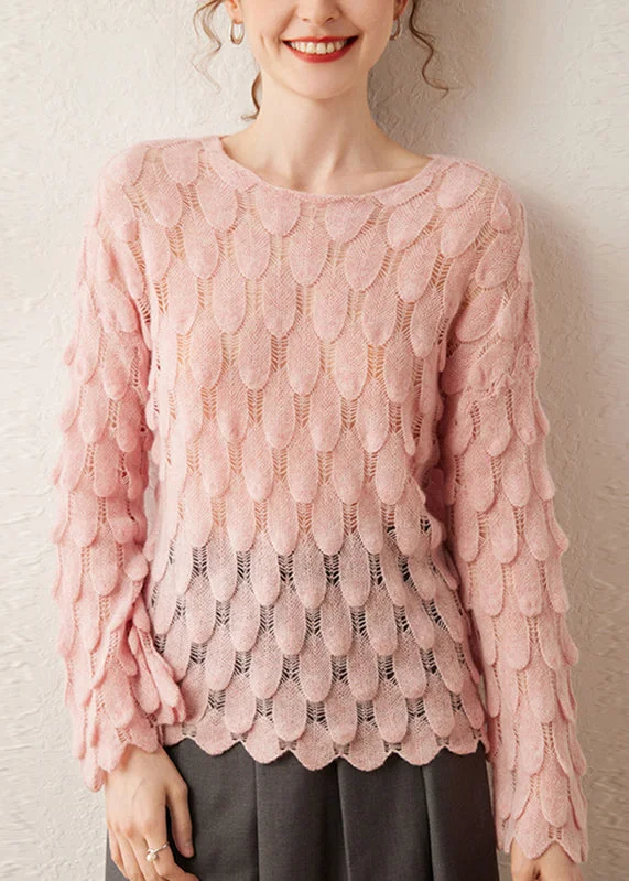 Work Knit TopsDIY Pink O-Neck Hollow Out Feather Knit Sweater Spring