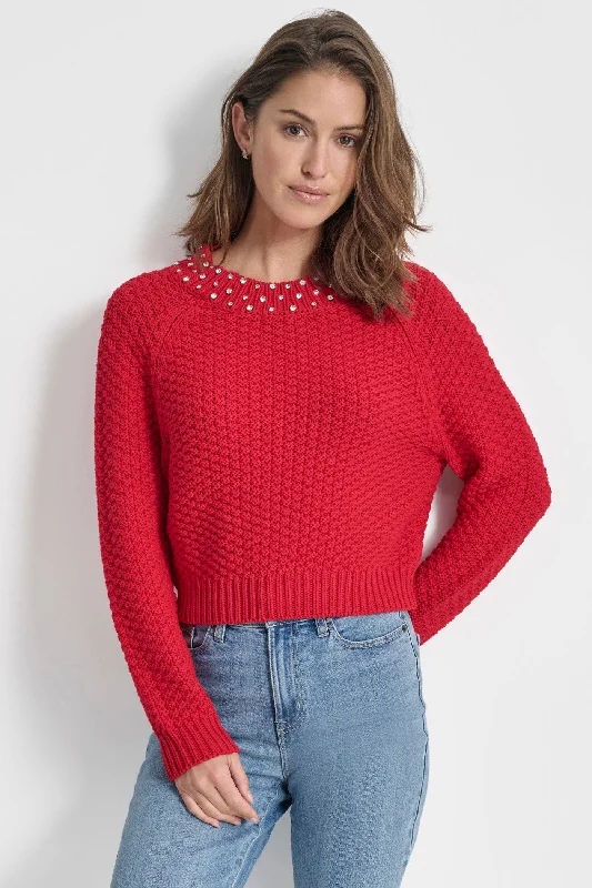 Streetwear Knit TopsCRYSTAL EMBELLISHED SWEATER