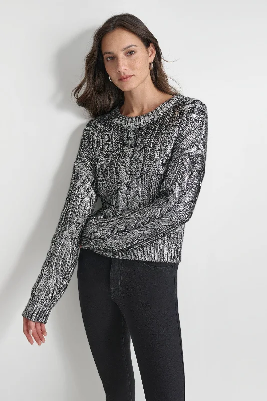 Luxury Knit TopsFOIL PRINT CHUNKY CABLE SWEATER